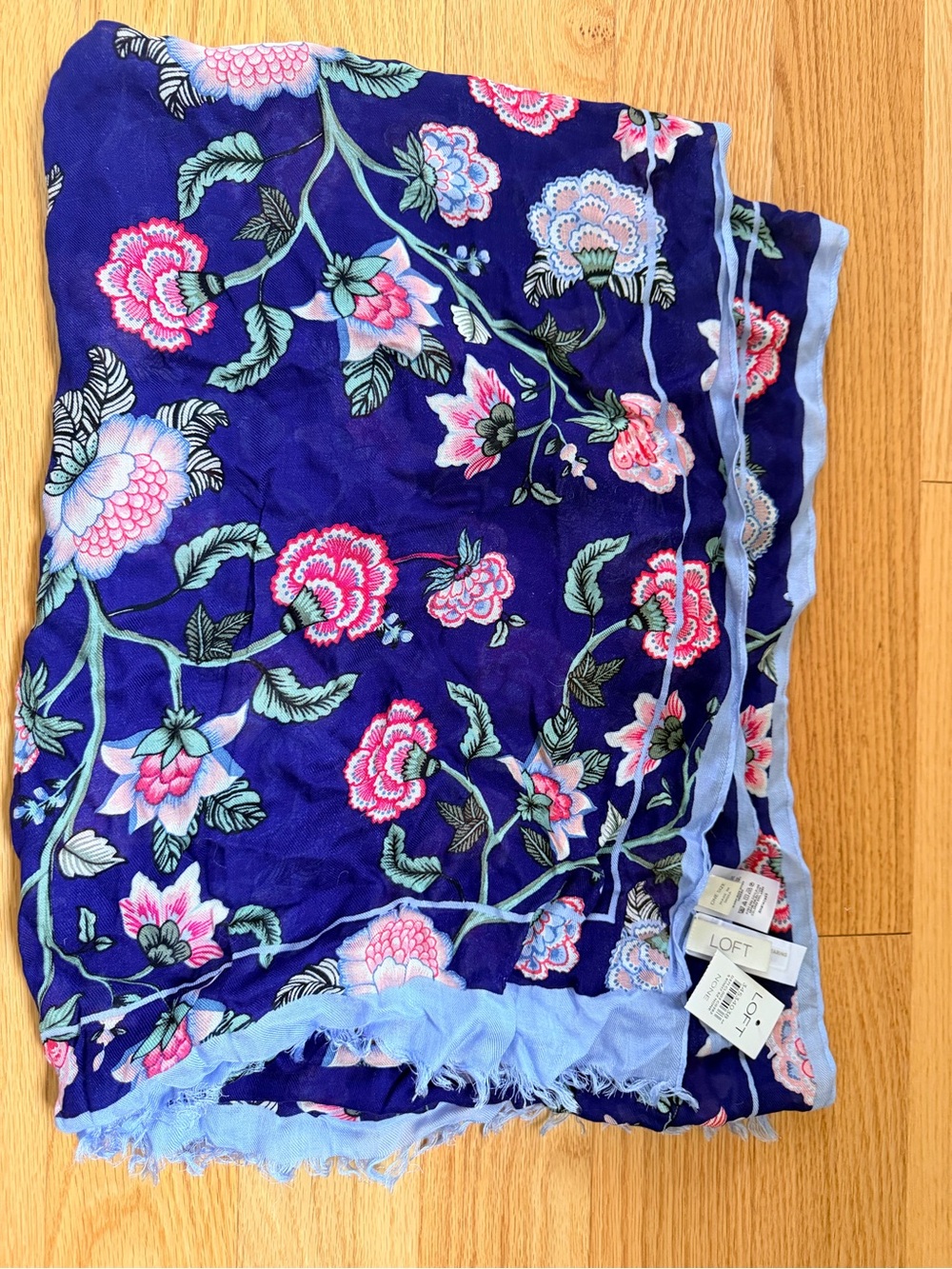 LOFT Navy Floral Scarf with Light Blue Trim